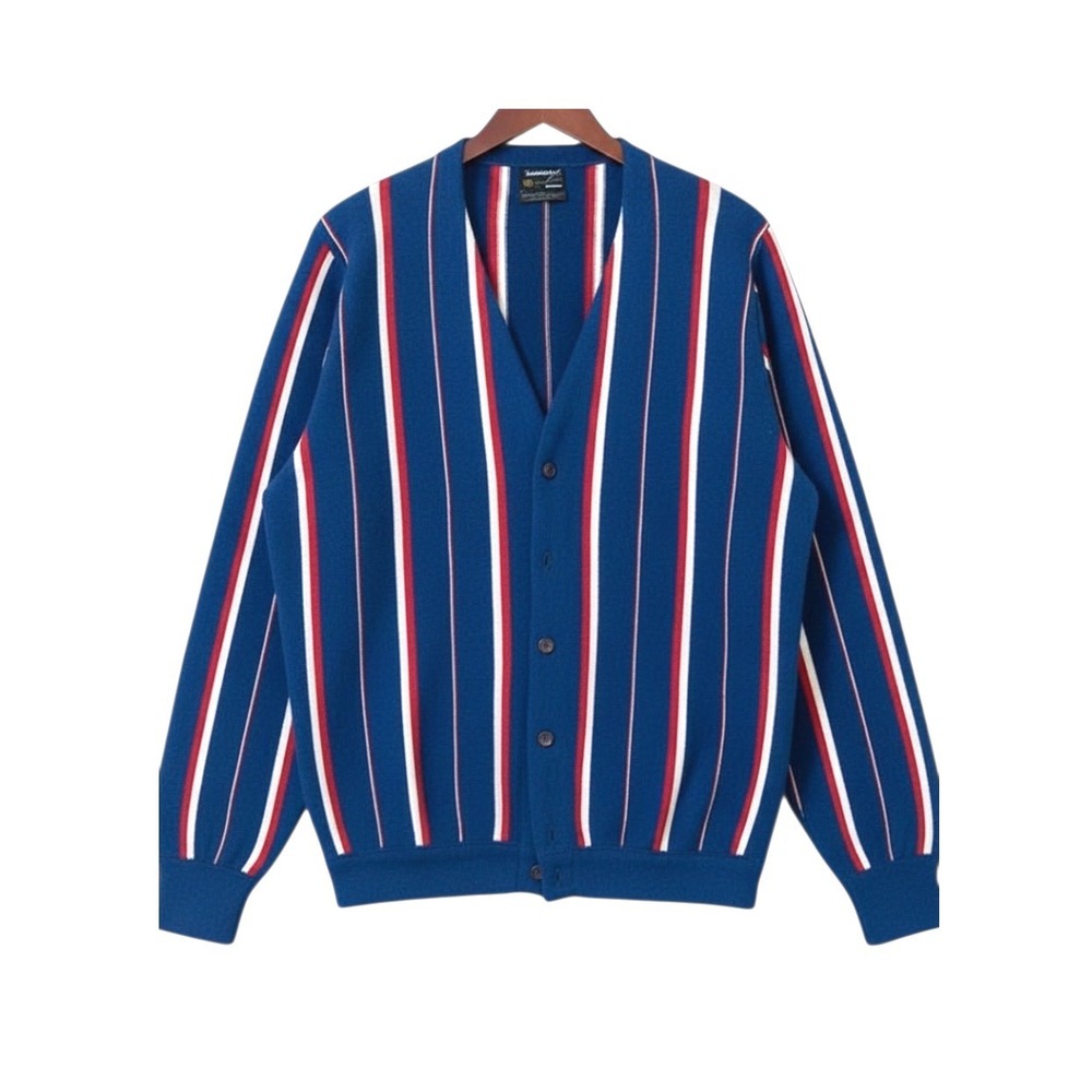 VTG TOWNCRAFT Shaggy Acrylic SWEATER CARDIGAN Blue/Red/White Stripes GRUNGE sz M